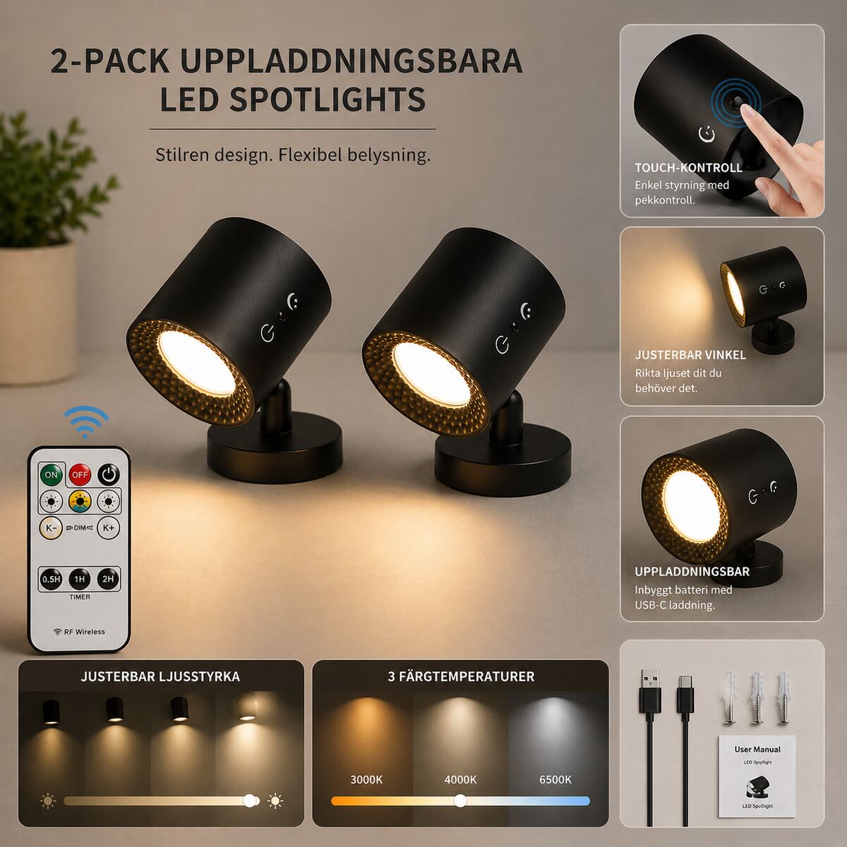 Dobbeltlys | Roterbar LED-vegglampe (2-pakning)
